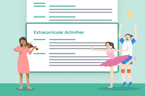 students enjoying their interests to illustrate extracurricular activities in CVs. One is playing a violin, one is dancing ballet, and one is playing volleyball.