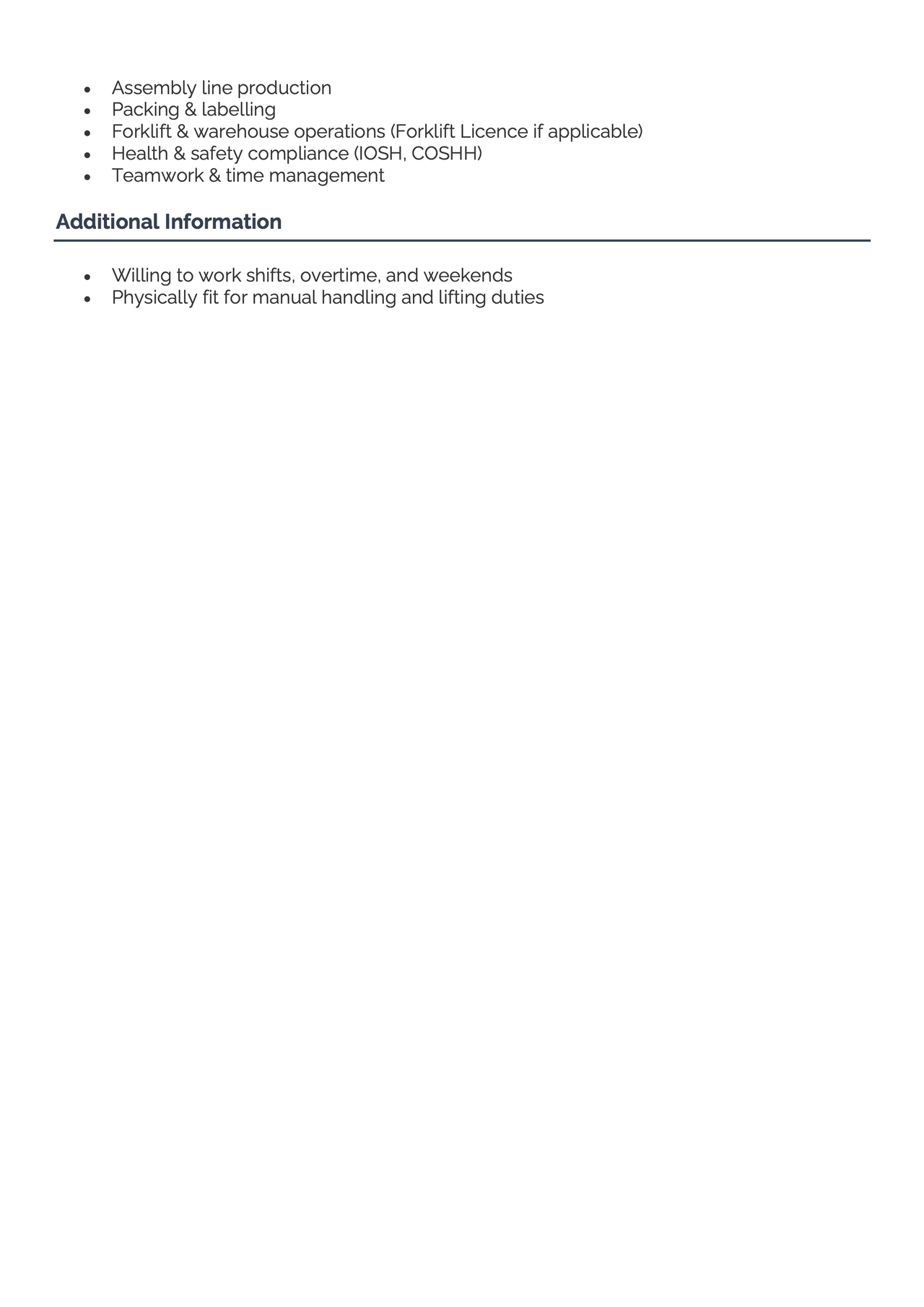 The second page of a factory worker CV.