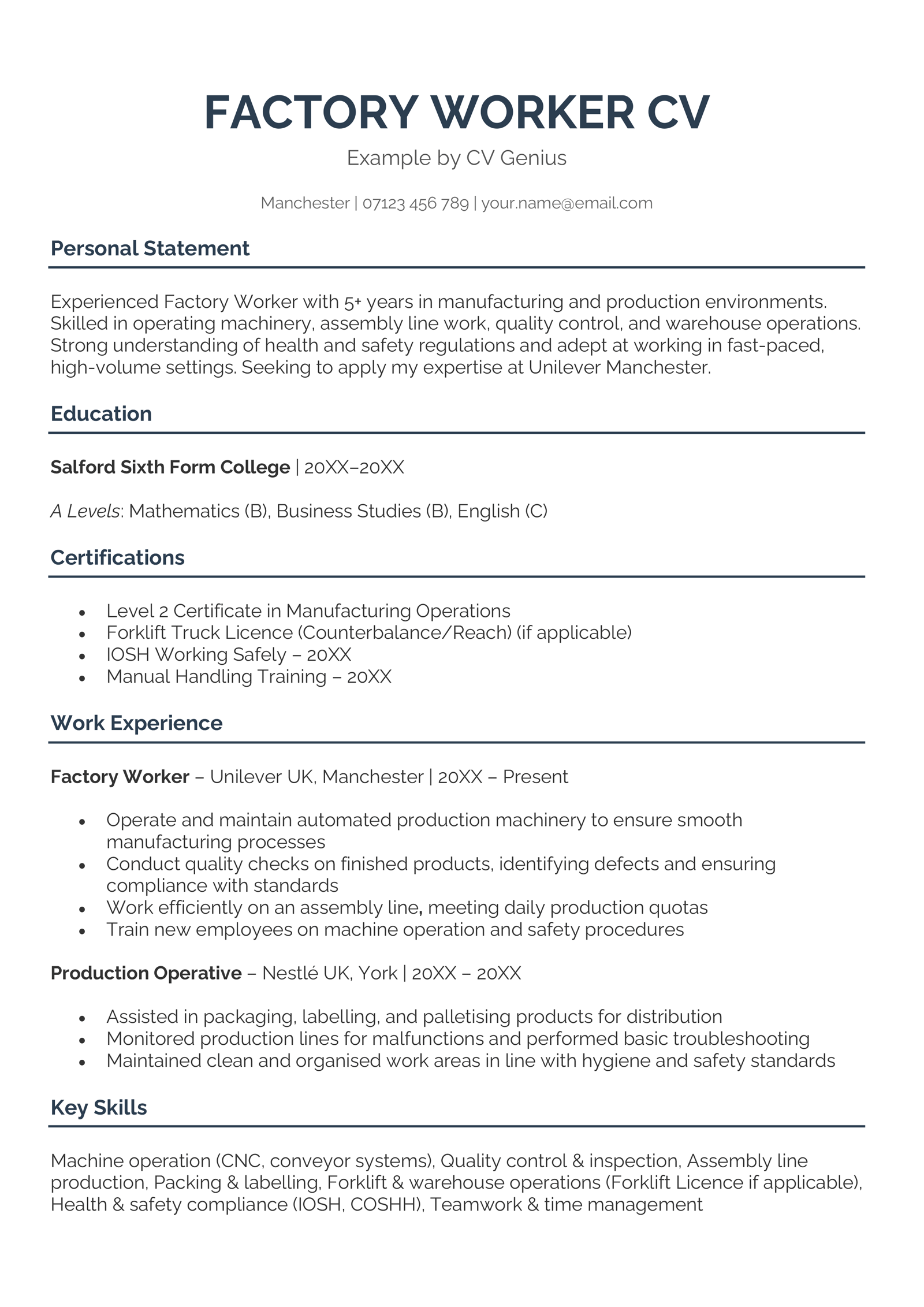 The first page of a factory worker CV.