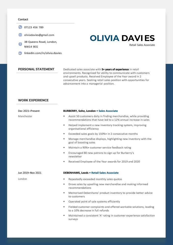 A fancy CV design example with a blue border and dropshadow effect that makes the CV stand out