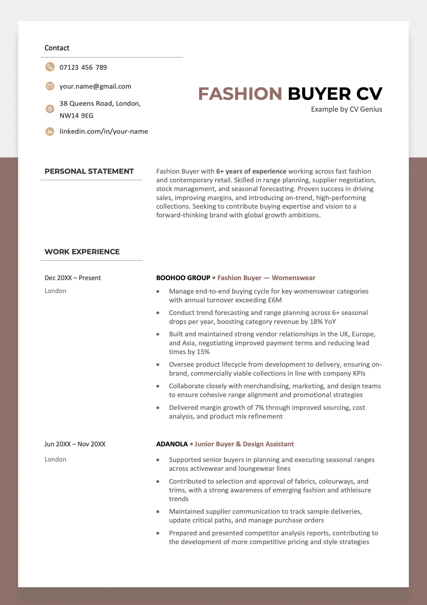 The first page of a fashion buyer CV