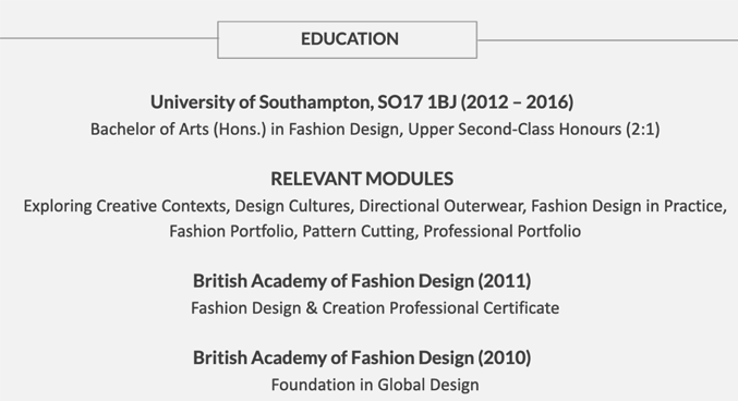 Example of a fashion CV education section