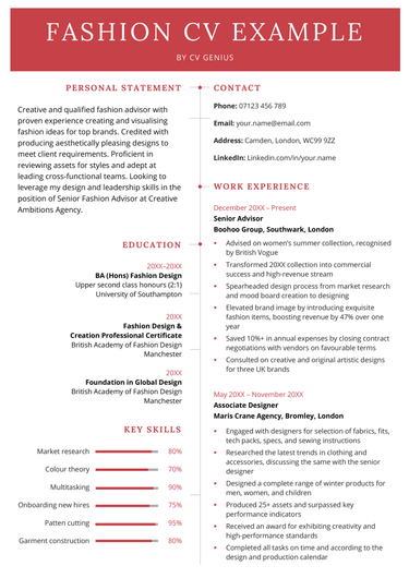 A fashion CV example that uses a creative red CV design and is arranged in a two-column CV format so that employers can see more information at once on the first page of this CV.