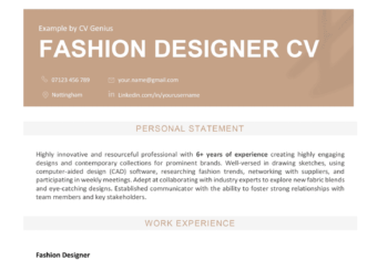 The first page of a fashion designer with a brown header for the applicant's contact information, a personal statement, and a work experience section