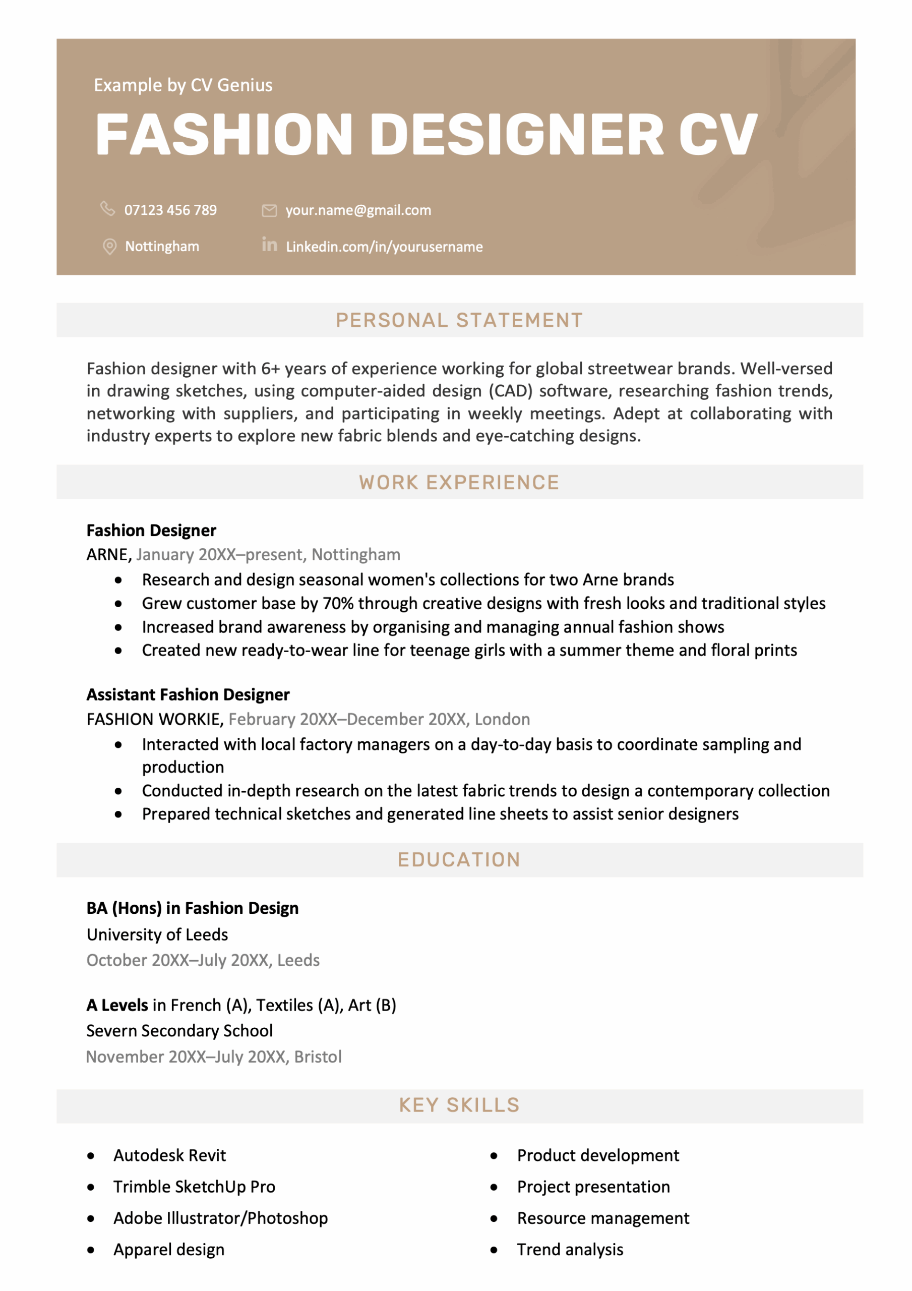 The first page of a fashion designer with a brown header for the applicant's contact information, a personal statement, and a work experience section.