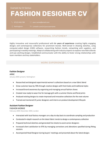 The first page of a fashion designer with a brown header for the applicant's contact information, a personal statement, and a work experience section.