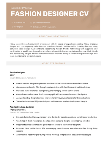 The first page of a fashion designer with a brown header for the applicant's contact information, a personal statement, and a work experience section.