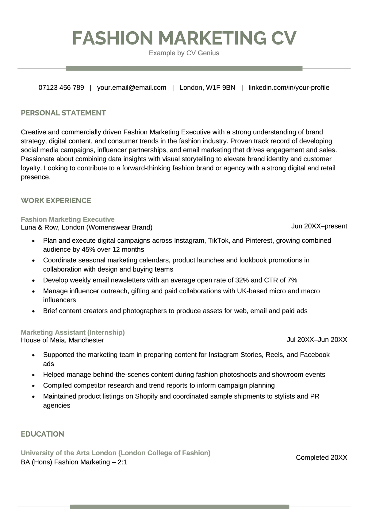 A fashion marketing CV sample.