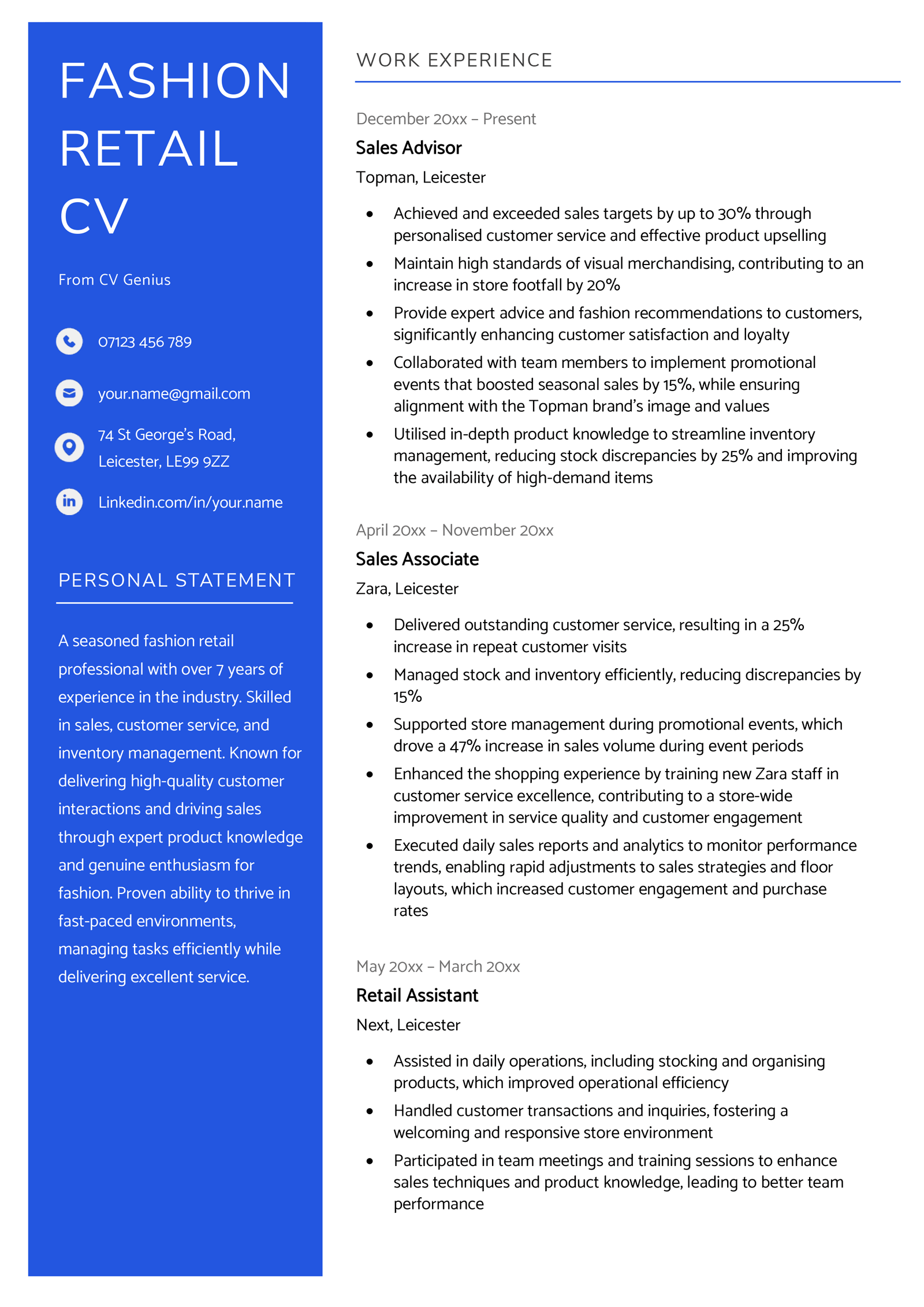 A two-column fashion retail CV in a blue column scheme with a personal statement to the left.