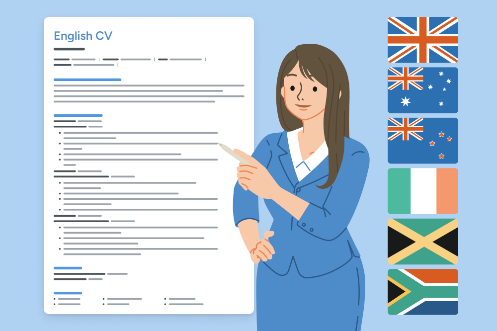 A woman looks at an English CV while the flags of English-speaking countries — including the UK, Australia, New Zealand, Ireland, Jamaica, and South Africa — surround her.