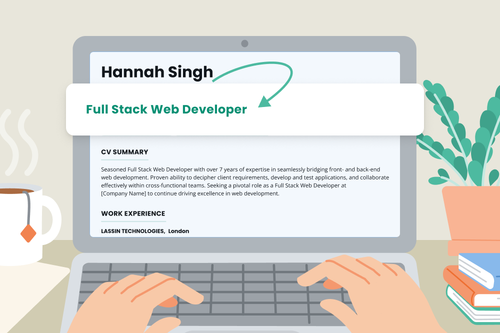A person types their job title onto their CV.