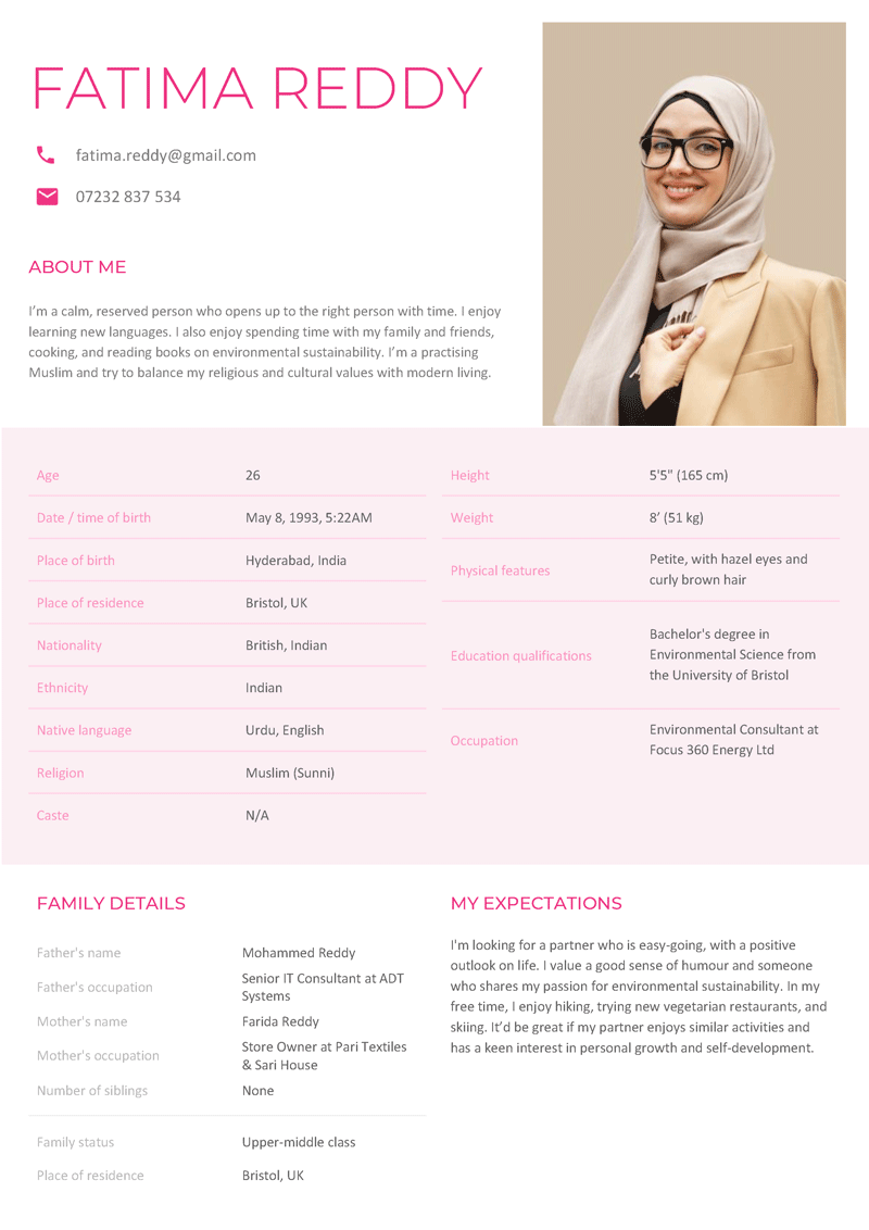 An example of a marriage CV for a female applicant on a template with pink headers