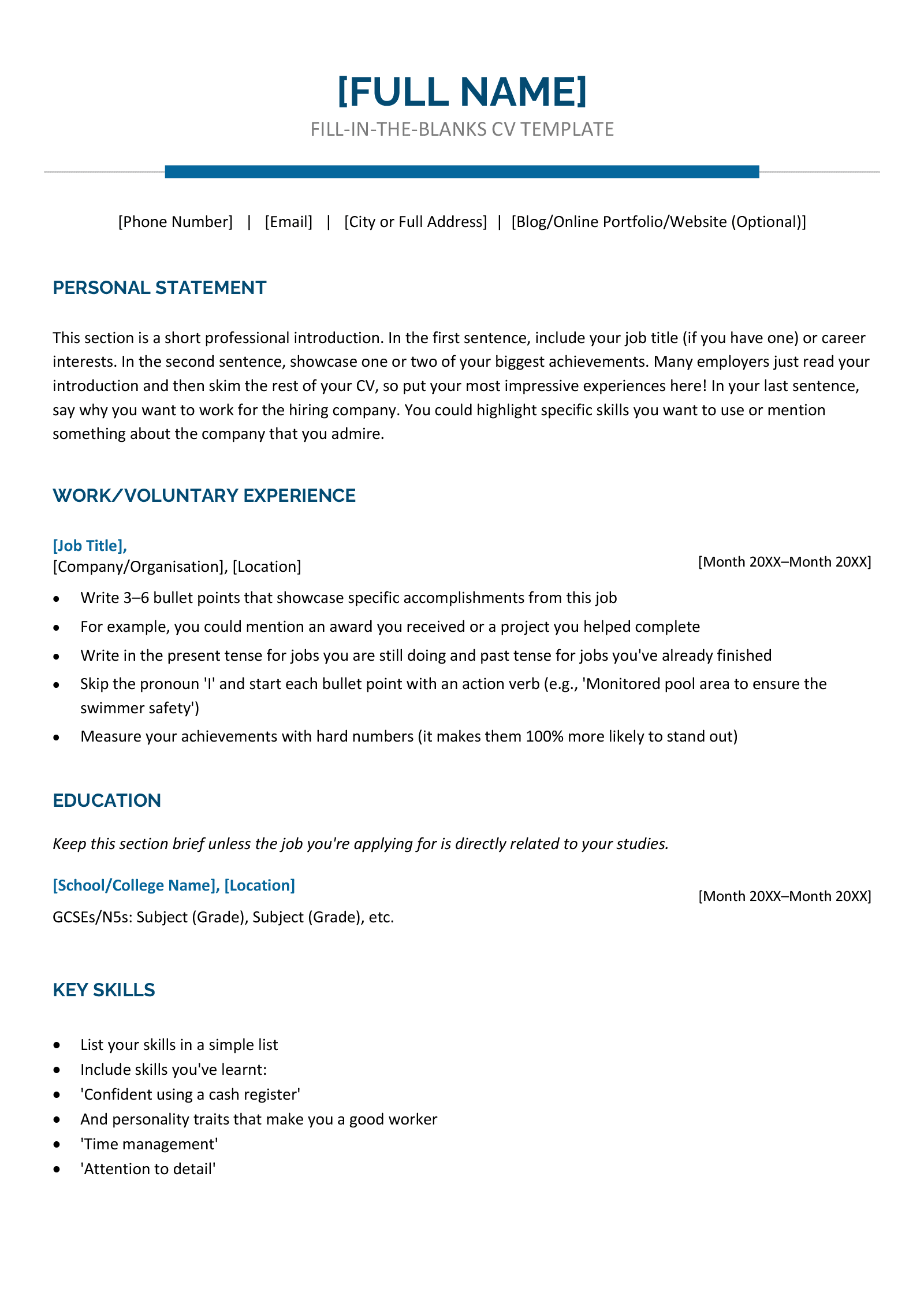 A fill-in-the-blanks CV template for a 16 year old with text explaining how to use it.