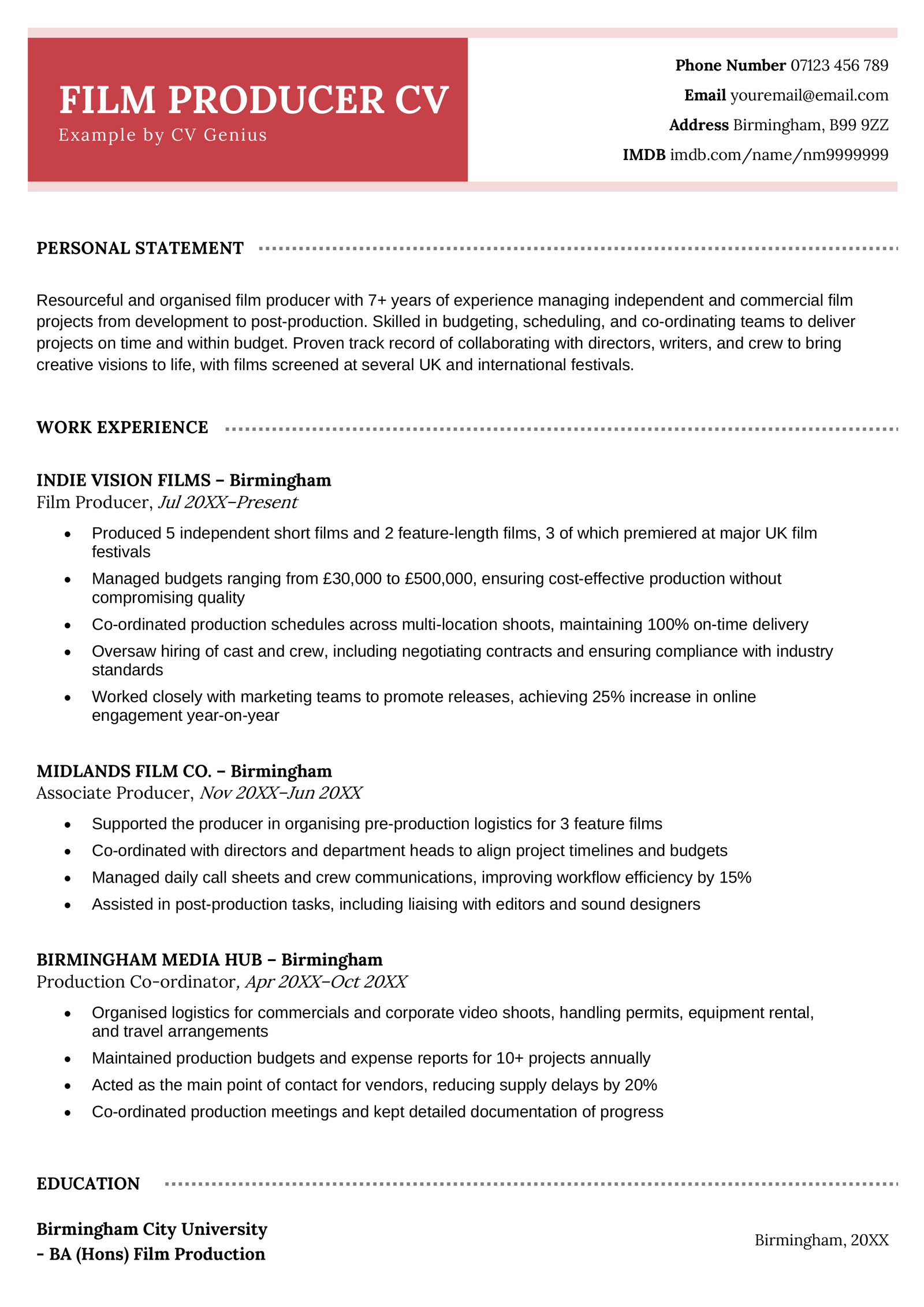 A film producer CV example.
