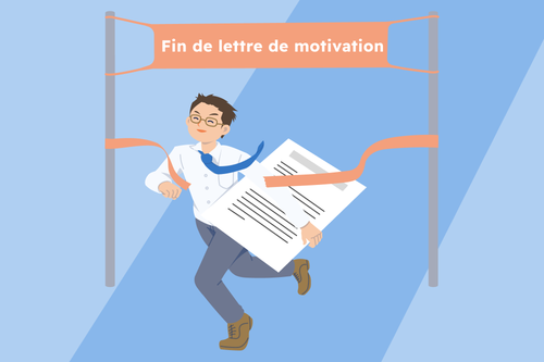 un professionnel franchit la ligne d'arrivée avec un CV en main avec une bannière au-dessus de lui intitulée « Fin de lettre de motivation »