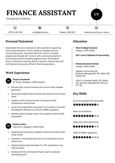A finance assistant CV example.