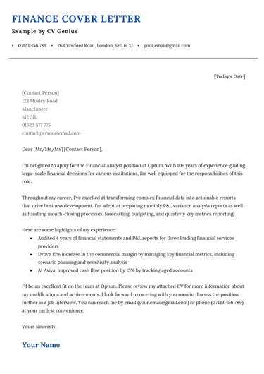 An example of a finance cover letter with a navy blue header and formal serif font.