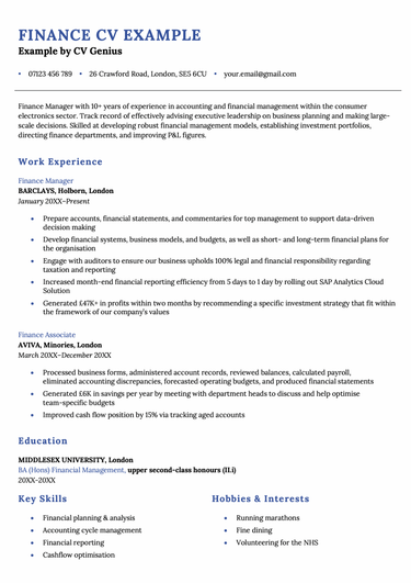 First page of a finance CV example with navy blue header text.