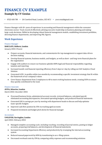 A finance CV example with navy blue header text and a formal serif font.