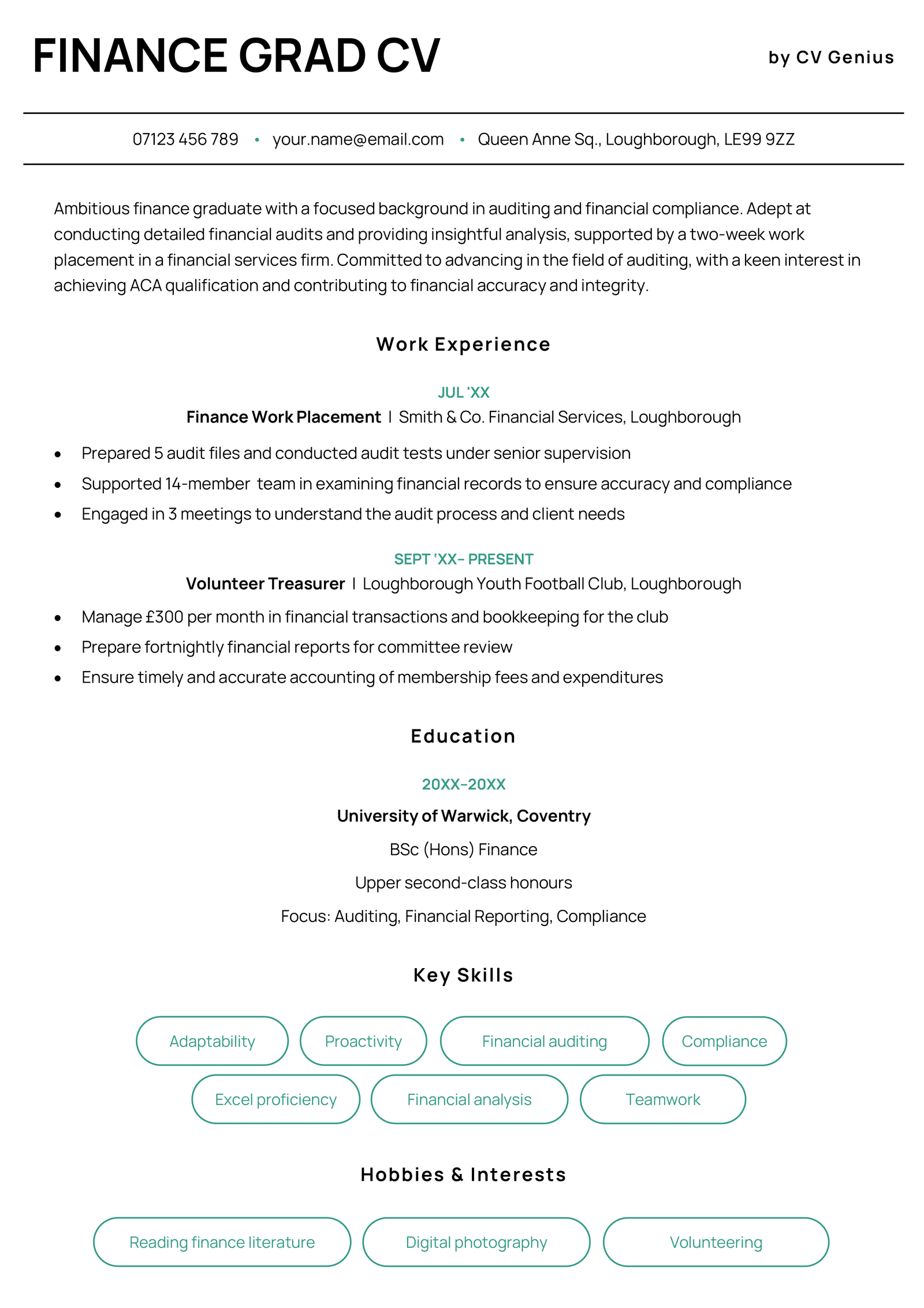 A one-page CV design used for a finance graduate CV example because the applicant lacks a lot of work experience.