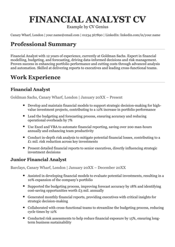 The first page of a financial analyst CV example