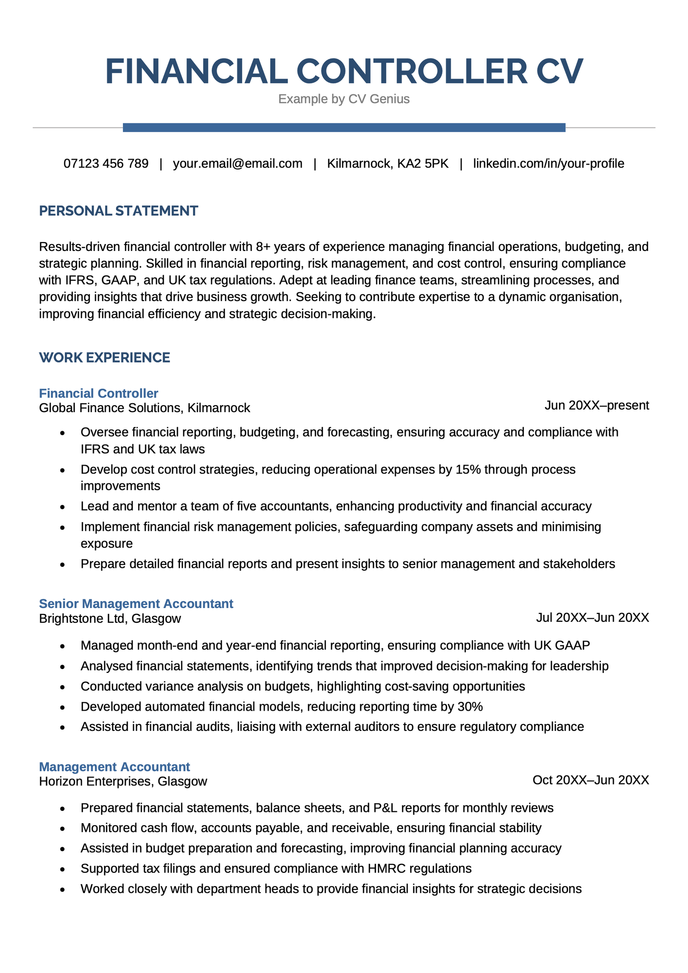 An example CV for a financial controller.