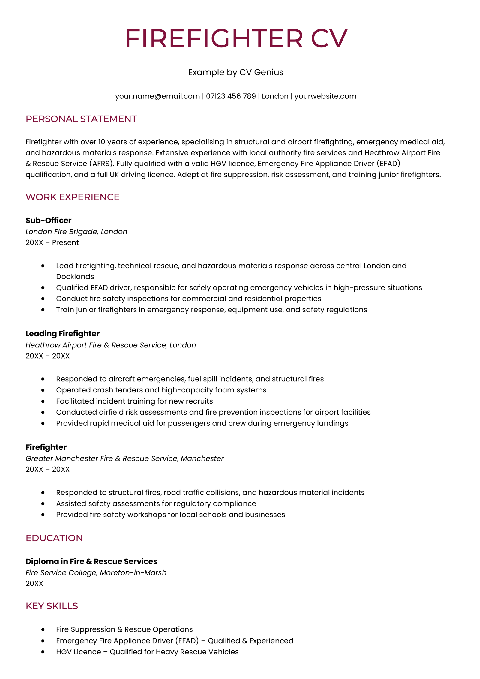 A firefighter CV example.