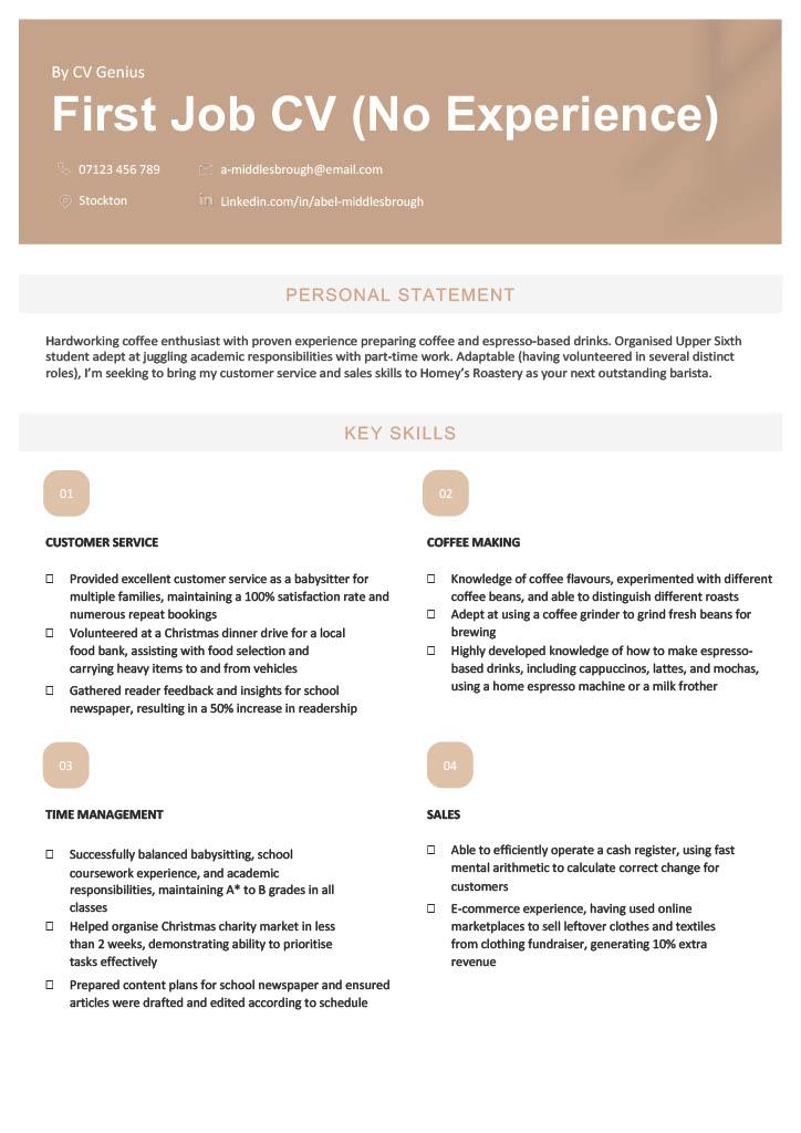 A CV for a teenager that has no work experience but highlights the applicants expertise by using a skills-based CV format