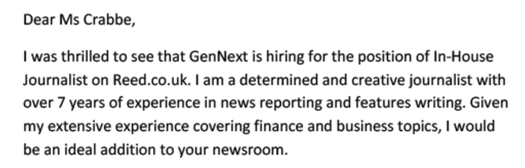 The first paragraph of a cover letter, featuring ebony text on an ivory background.