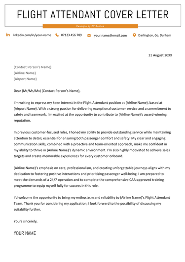 A flight attendant cover letter example for UK job seekers.