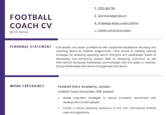 A football coach CV example with purple border and dedicated sections for the applicant's contact information, personal statement, and work experience.