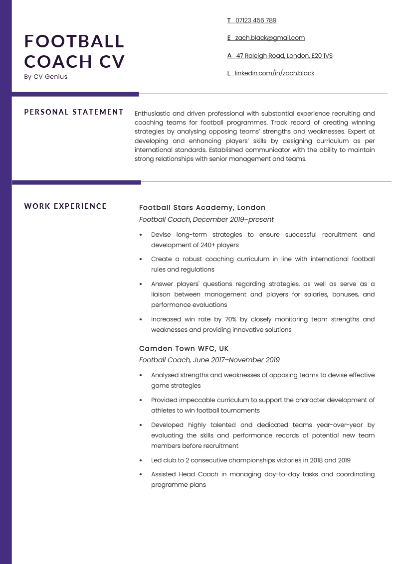 A football coach CV example with purple border and dedicated sections for the applicant's contact information, personal statement, and work experience.
