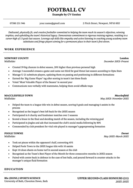 A football CV formatted using the black Birmingham template.