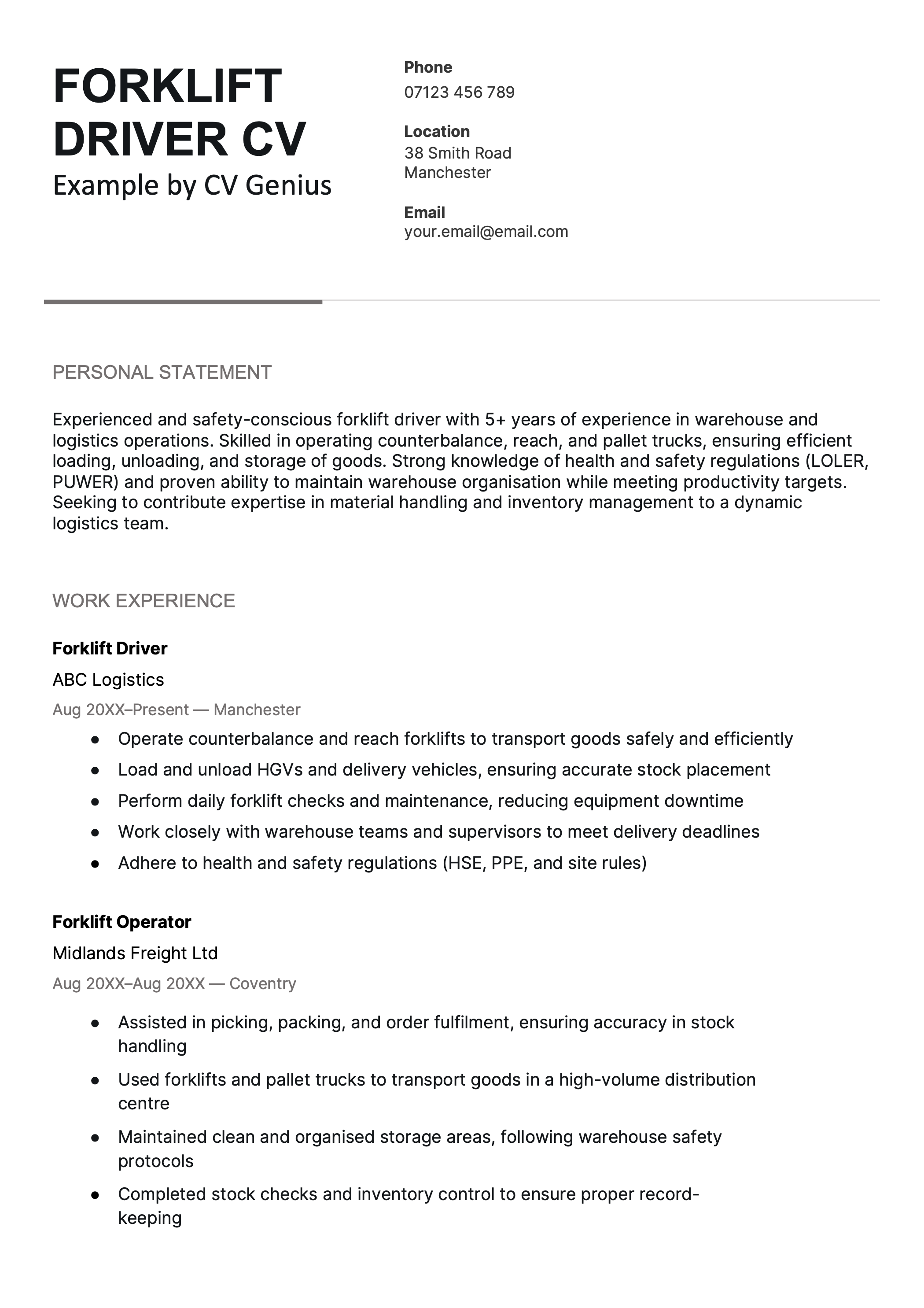 An example CV for a forklift driver.
