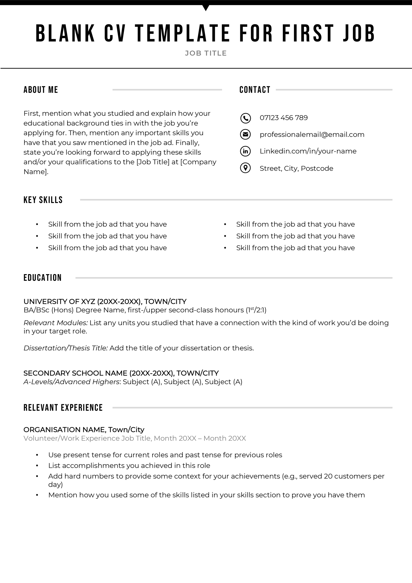 A free blank CV template for students and other entry-level applicants.
