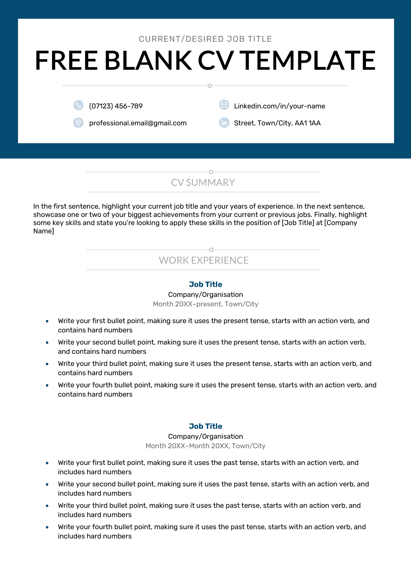 A blank CV template with work experience.