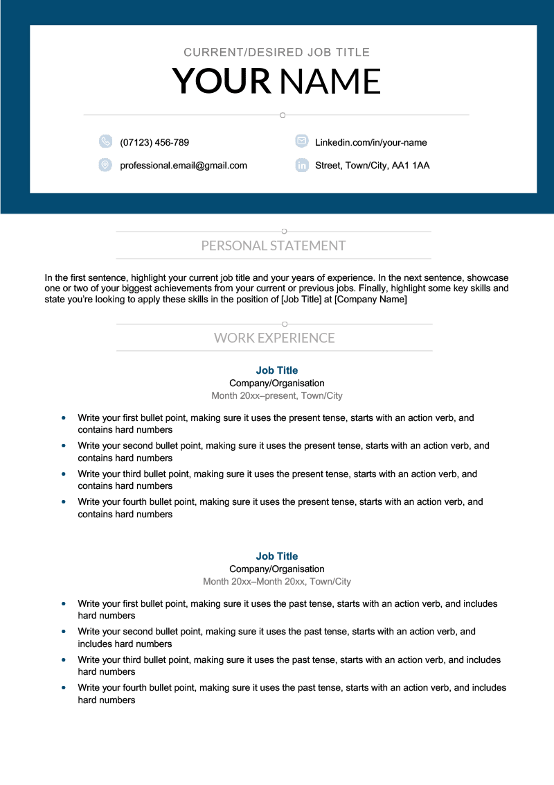 A free blank CV template with work experience whose header is framed in blue.