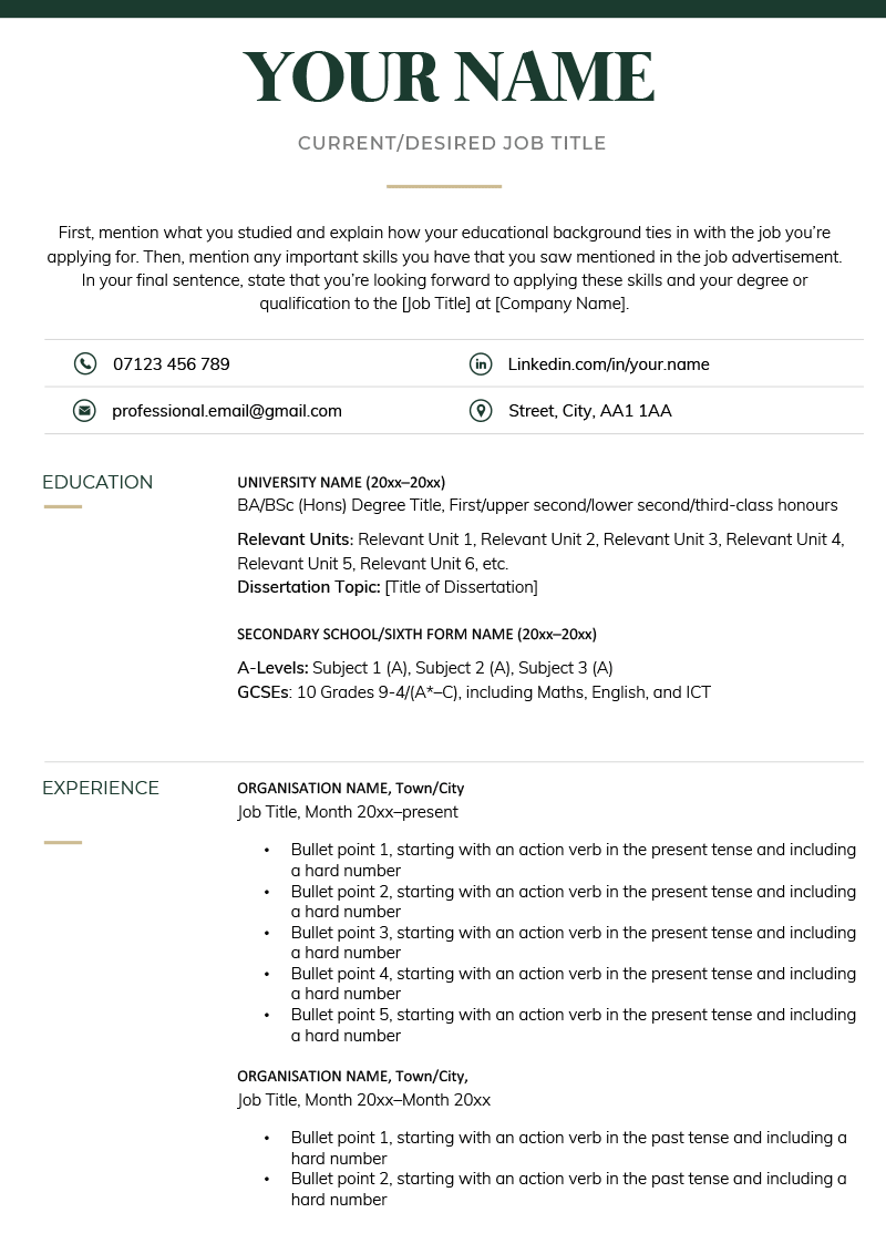 A simple blank CV template with the education section first and a blue title.
