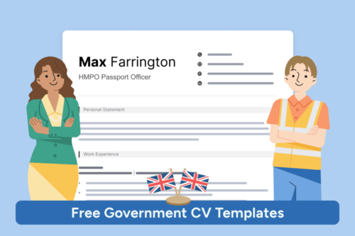 A free government CV on a blue background with government workers standing on each side and two small Union Jacks at the bottom.