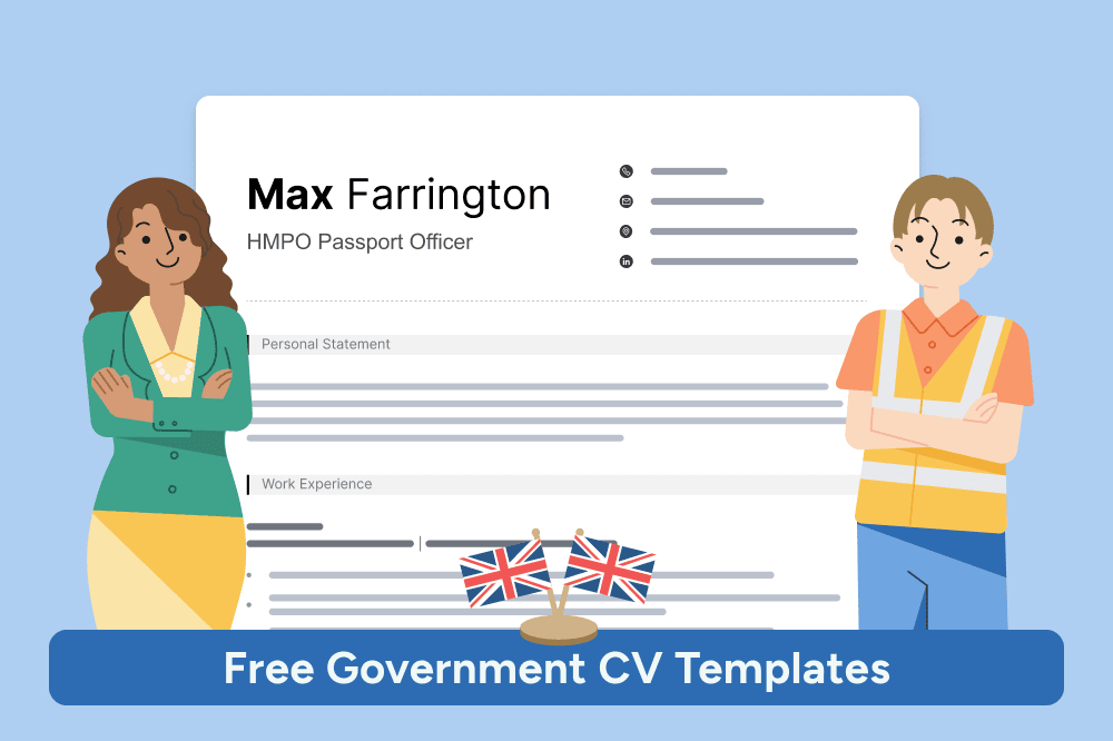 A free government CV on a blue background with government workers standing on each side and two small Union Jacks at the bottom.
