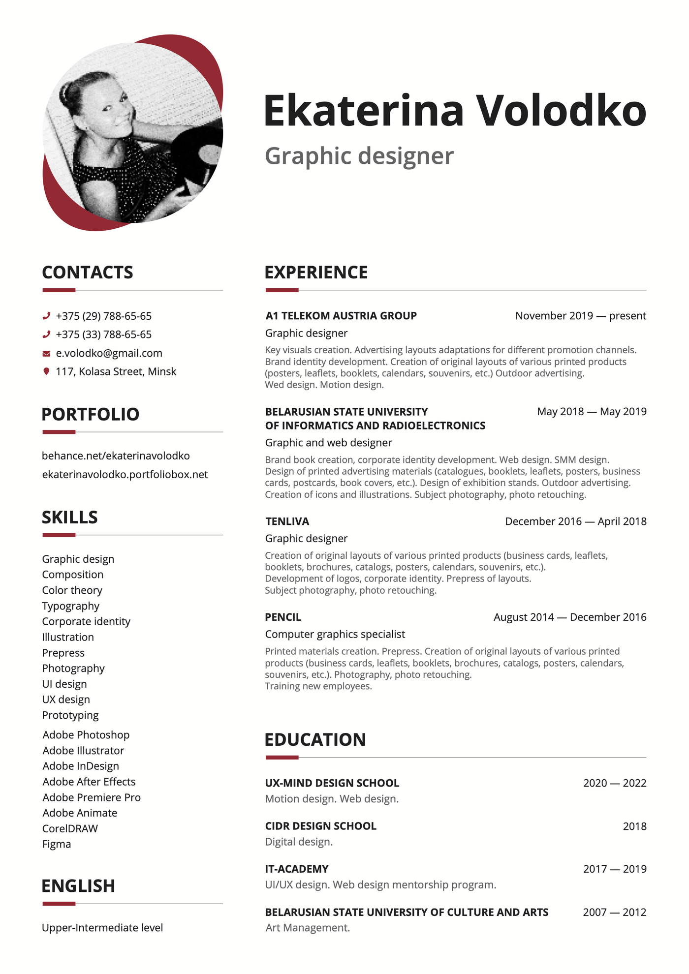 A free InDesign resume template by Ekaterina Volodko