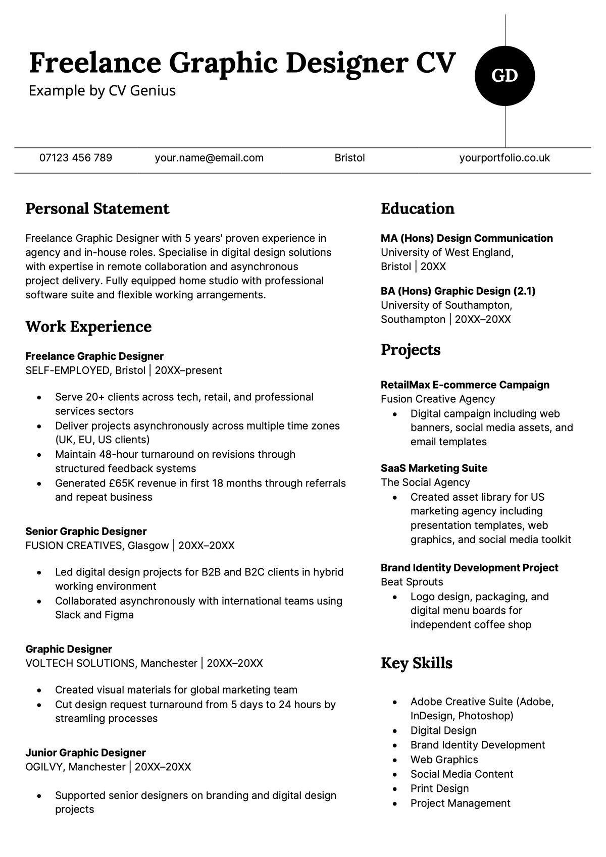 An example freelance graphic designer CV