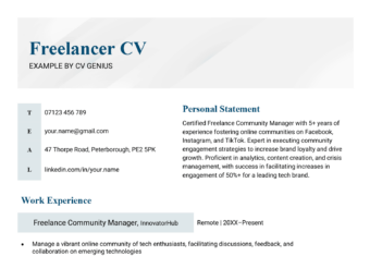 A freelancer CV example with blue header text and the applicant's work experience and achievements laid out in a vertical format.