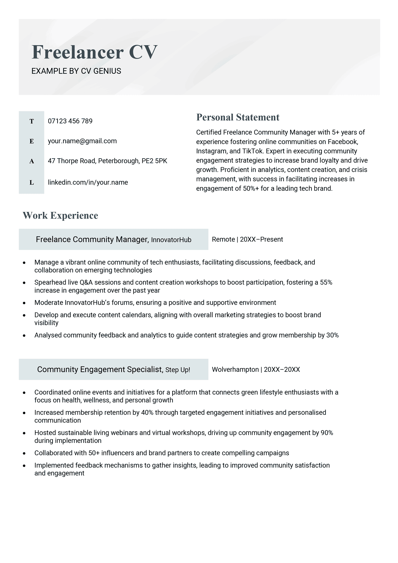 A freelancer CV example with blue header text and the applicant's work experience and achievements laid out in a vertical format.