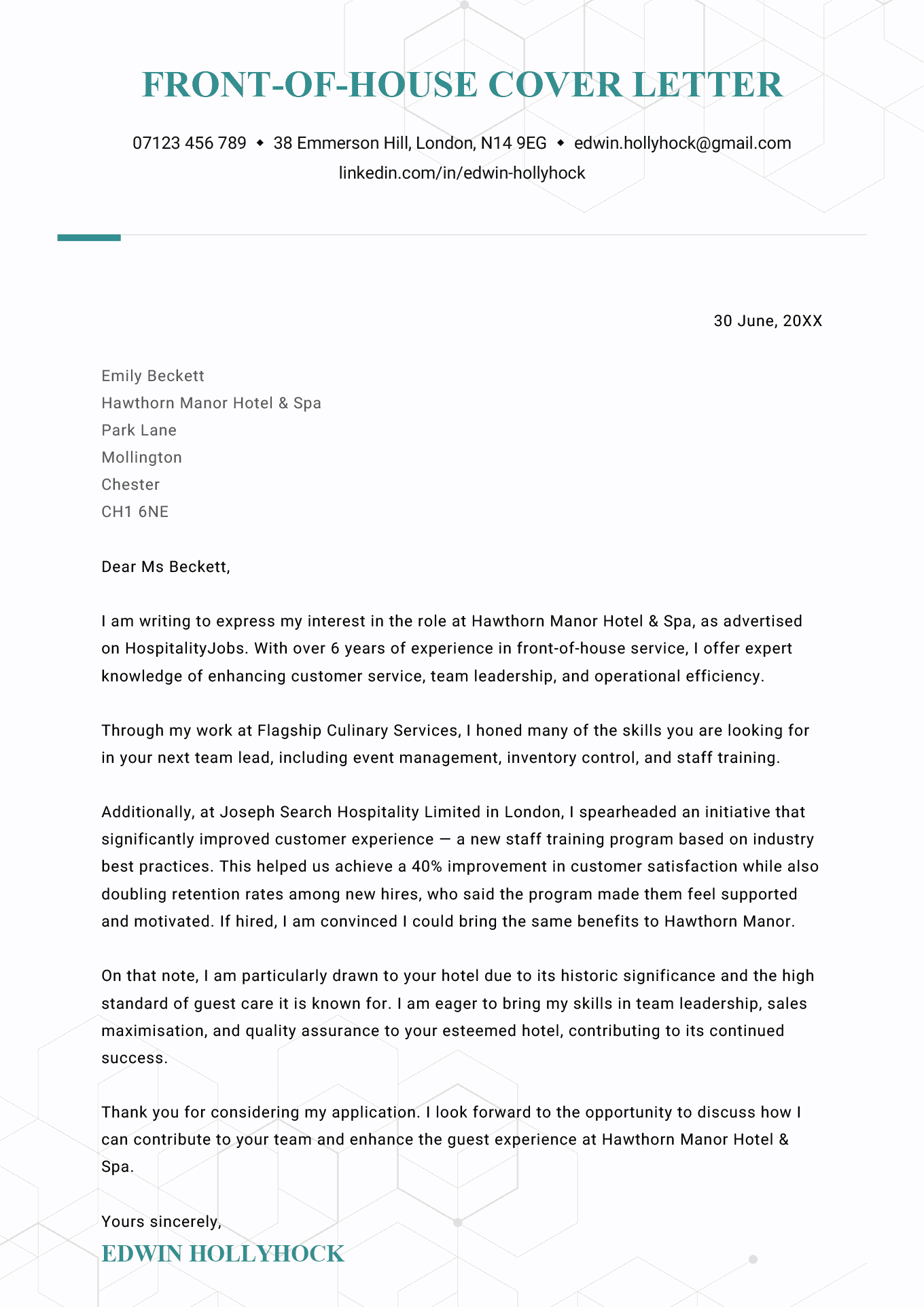 A front-of-house cover letter example with blue header text and several paragraphs outlining the applicants unique strengths and qualifications.