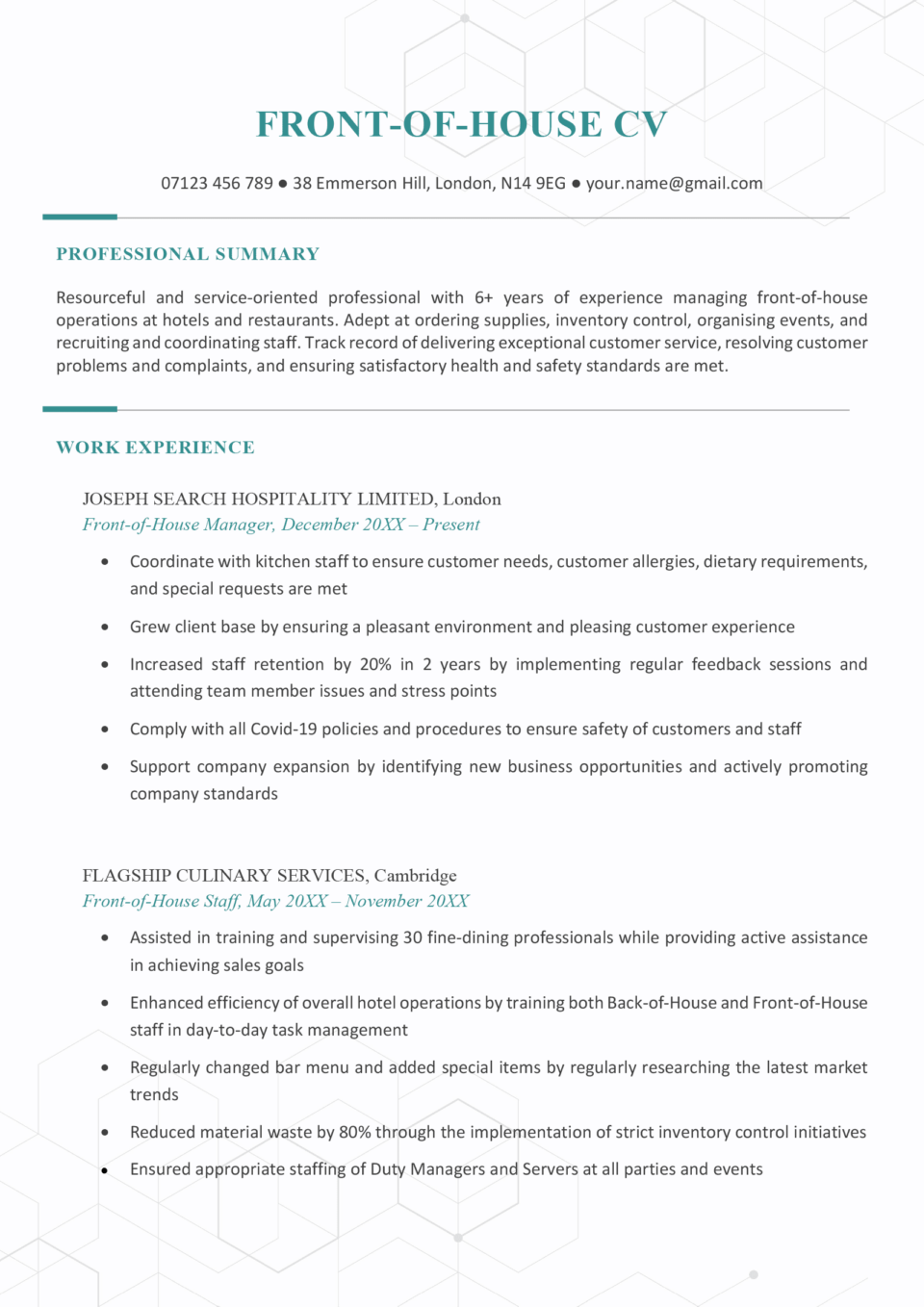 A front-of-house CV example with blue header text and two work experience entries outlining the applicant's experience working in the hospitality industry.