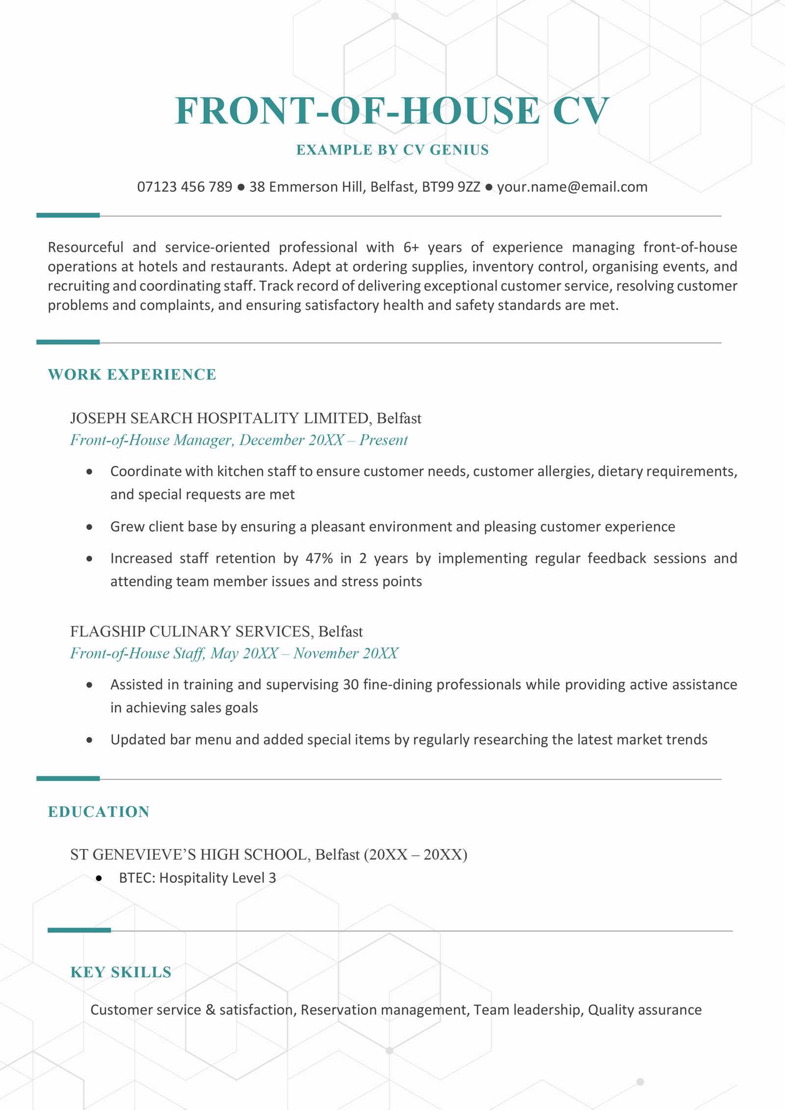 A front-of-house CV example with blue header text and two work experience entries outlining the applicant's experience working in the hospitality industry.