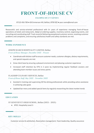 A front-of-house CV example with blue header text and two work experience entries outlining the applicant's experience working in the hospitality industry.