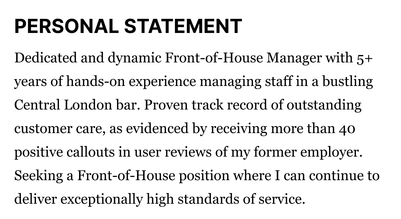 The personal statement of a Front-of-House Manager CV that showcases the applicant’s customer service experience.