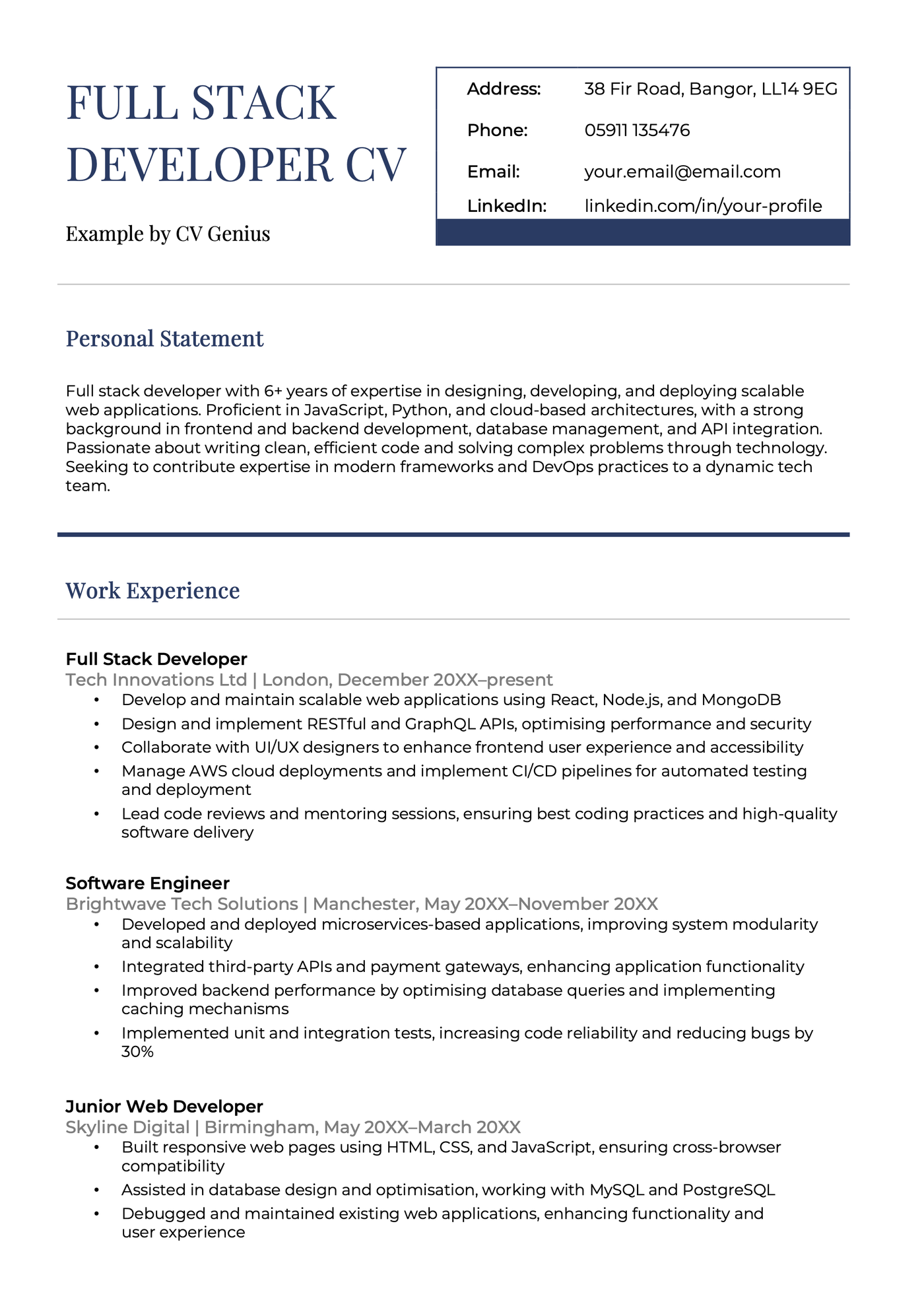 A full stack developer CV example.